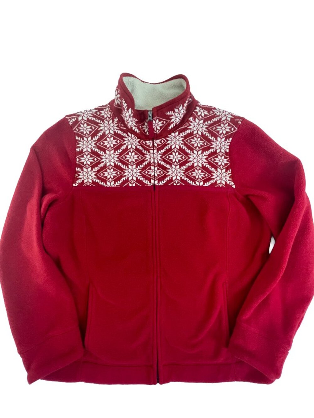 L.L. Bean Fair Isle Fleece Full Zip Jacket Red White Winter
